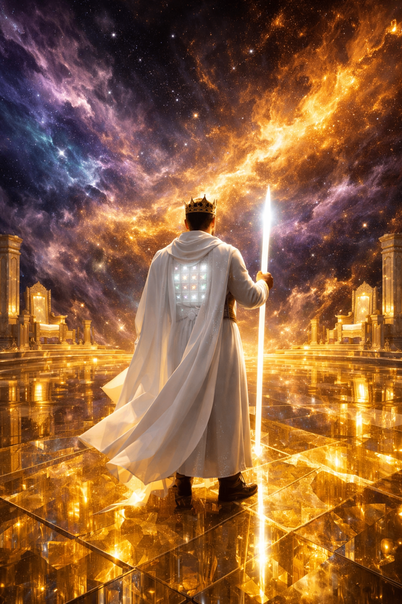 A King-Priest of the Order of Melchizedek standing before a cosmic throne with the twelve stones glowing on the breastplate
