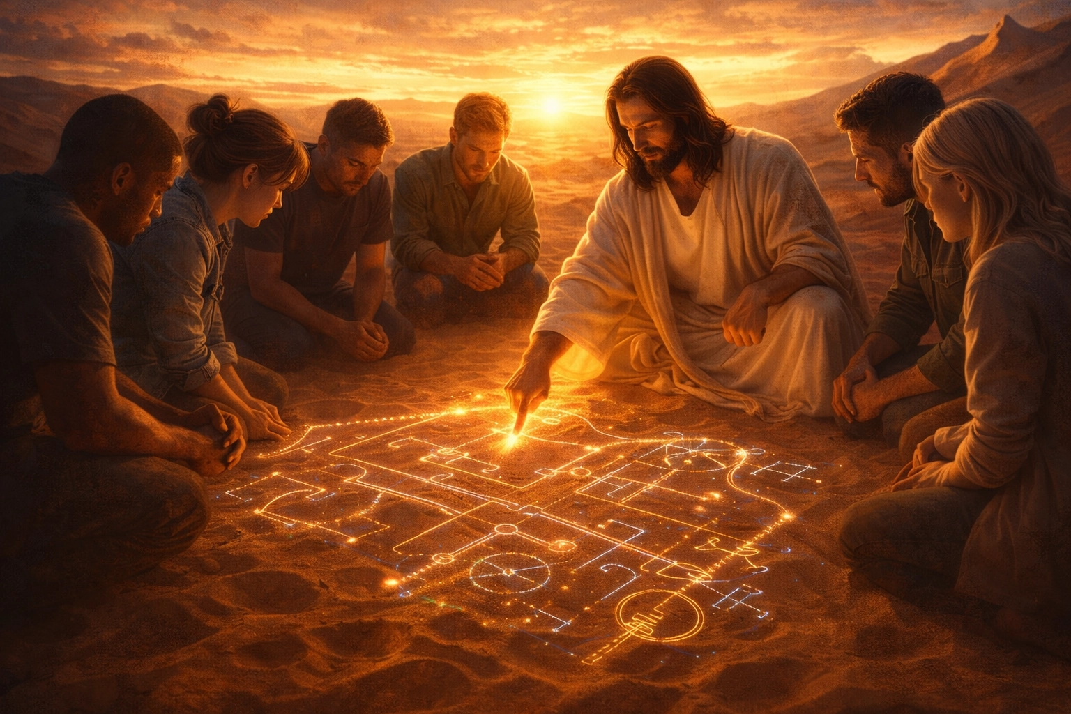 Jesus drawing kingdom blueprints in the desert sand with disciples kneeling around him