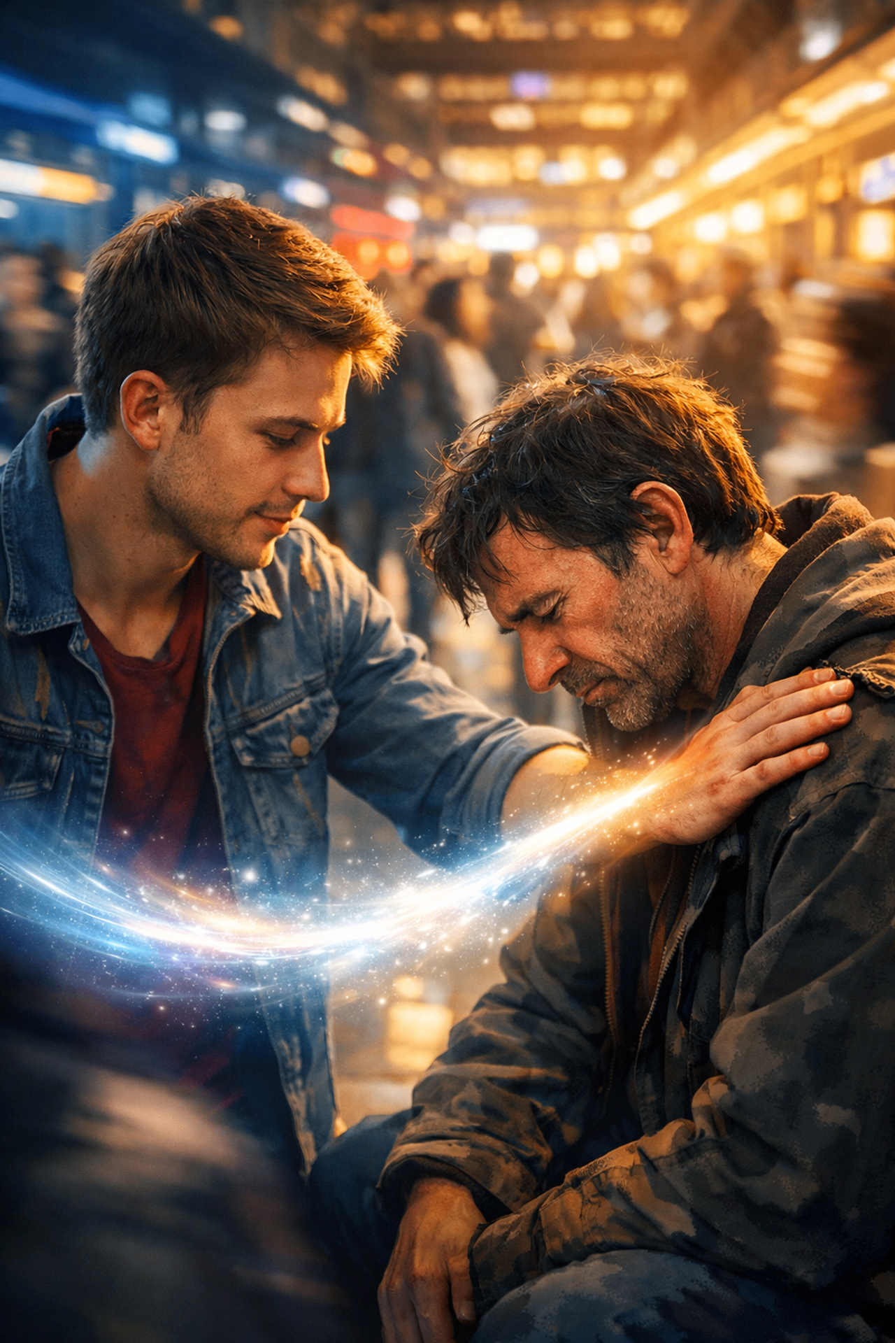 A believer laying hands on a broken man in a busy market, glowing light passing between them