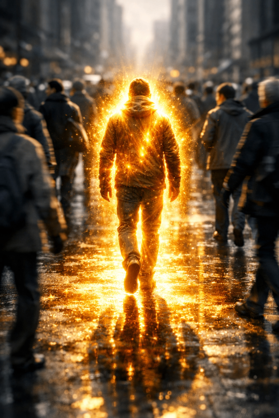 A believer walking through a gray crowd radiating tangible gold Shekinah glory