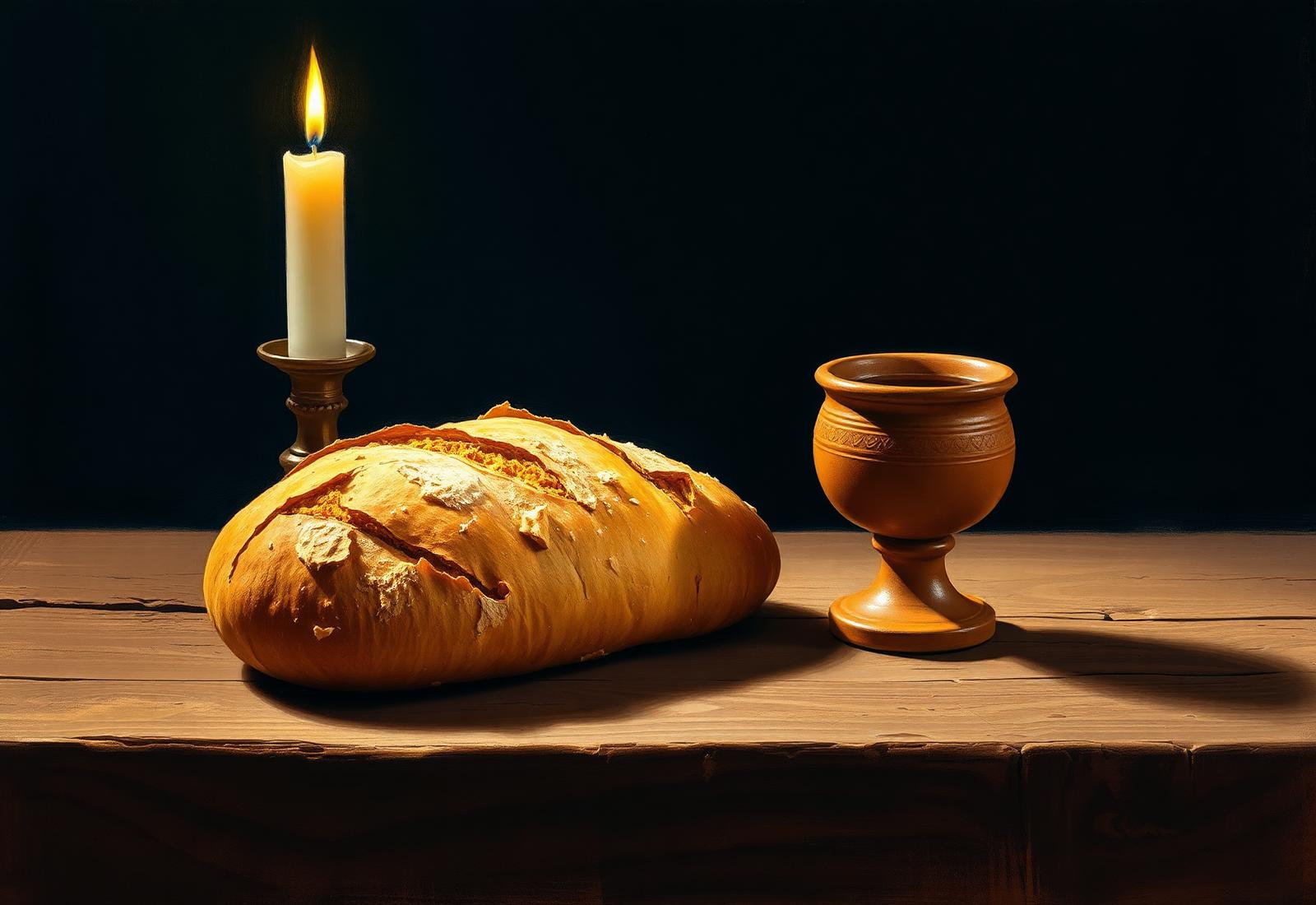 Bread and wine on aged wood — the offering of Melchizedek